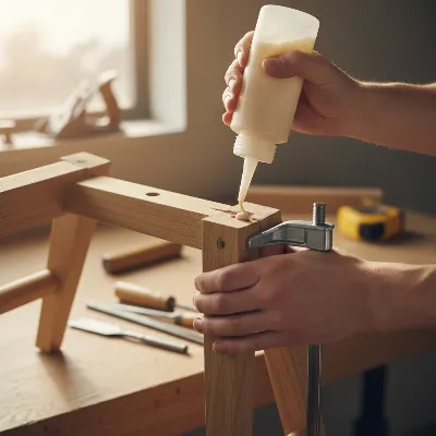 Expert hands applying wood glue to a loose bar stool joint with a clamp securing it