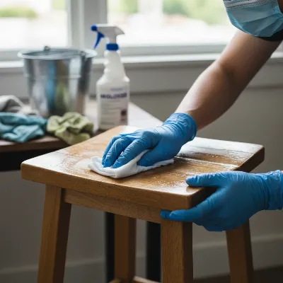 A person wearing gloves and a mask, wiping a wooden bar stool with a deglosser liquid, surrounded by cleaning supplies.