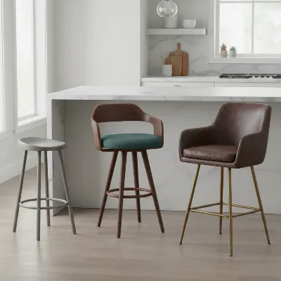 Three distinct bar stools representing different price segments: budget, mid-range, and high-end, at a sleek kitchen island