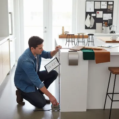 A person measuring their kitchen island to select the right bar stool height, with various material swatches and stool designs in the background