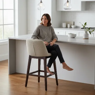 A Castlery Wayne bar stool with a person comfortably seated, highlighting its ergonomic design and cushioned support in a modern kitchen setting.