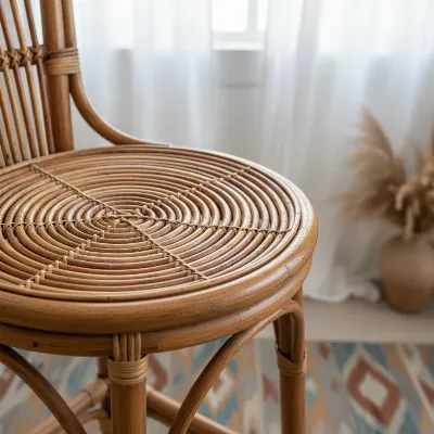 Close-up of a woven rattan bar stool with natural textures in a relaxed coastal boho setting.