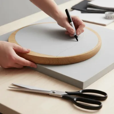 Hands tracing a bar stool seat onto high-density foam, with sharp scissors nearby, in a DIY workshop setting, bright and clear lighting, instructional style