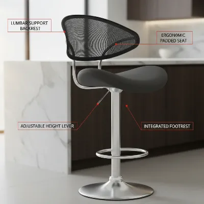 An ergonomic bar stool highlighting key features for back pain relief like lumbar support, adjustable height, footrest, and padded seat.