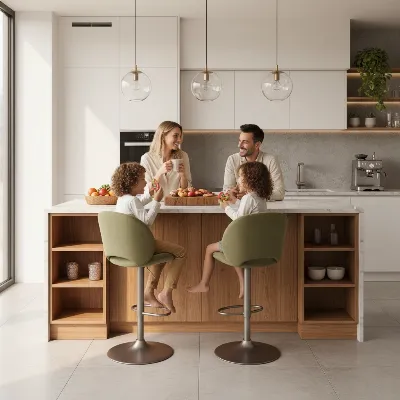 Family with kids at kitchen island on adjustable bar stools