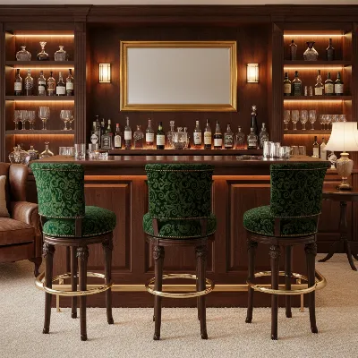 Comfortable high-back bar stools with plush upholstery at an elegant home bar, emphasizing support and style.