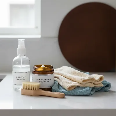 A collection of leather cleaning tools and products for bar stools, featuring microfiber cloths, a spray bottle of mild soap solution, a container of leather conditioner, and a soft brush, all neatly arranged on a clean, light-colored surface with a leather swatch in the background, bright, studio lighting, realistic style