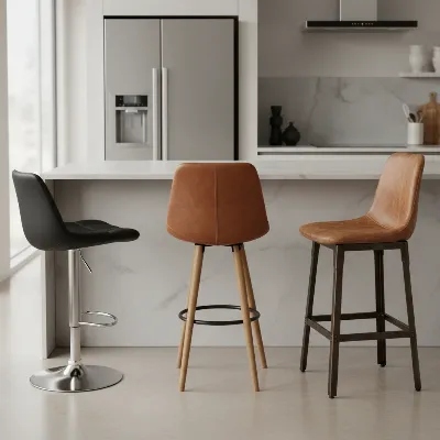 A variety of leather bar stools in different styles and colors arranged around a modern kitchen island