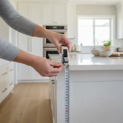 A person using a tape measure to accurately measure the height of a kitchen island counter for bar stools.