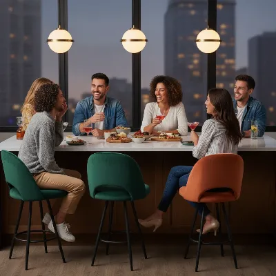 A stylish group of people enjoying a lively gathering around a contemporary kitchen island with trendy swivel bar stools