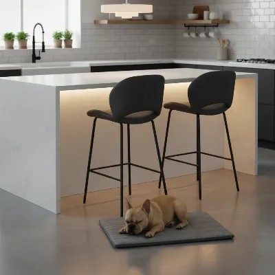 Sleek modern bar stools with durable, easy-to-clean upholstery in a home with pets.