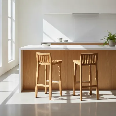 Pottery Barn Tibetan Bar Stool in a contemporary kitchen setting, showcasing its sleek, backless design and solid wood craftsmanship.