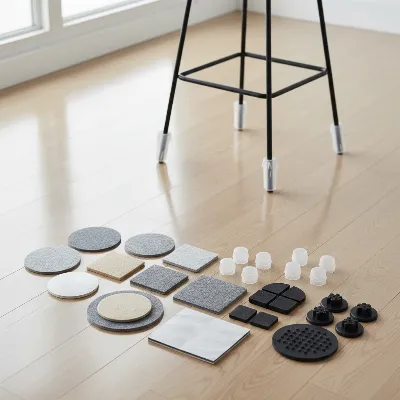 An illustrative image showing various types of bar stool leg protectors (felt pads, silicone caps, rubber glides) arranged neatly on a polished hardwood floor, with a bar stool in the background.