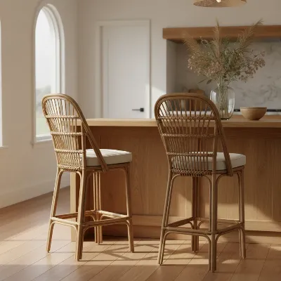 Elegant rattan bar stools with woven backrests in a bright coastal boho kitchen.