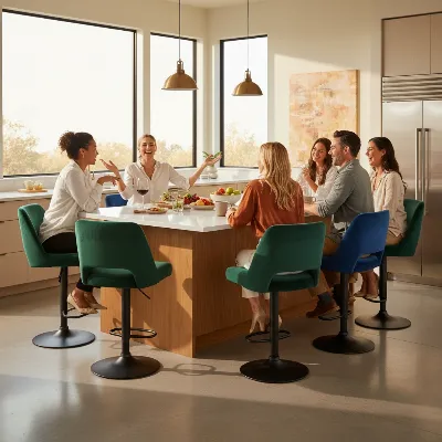 Guests comfortably interacting around a kitchen island with modern swivel bar stools