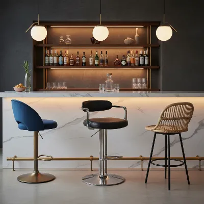 A curated collection of diverse swivel bar stools in a modern home setting
