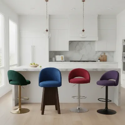 A collection of diverse velvet bar stools, showcasing backless, with backrest, adjustable height, and swivel designs in a modern kitchen setting.