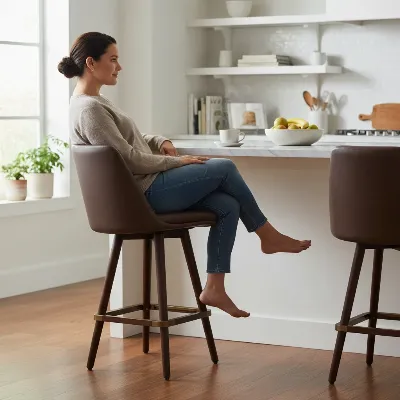 Person comfortably seated on West Elm Mid-Century Leather Bar Stool, highlighting its ergonomic design and swivel function.
